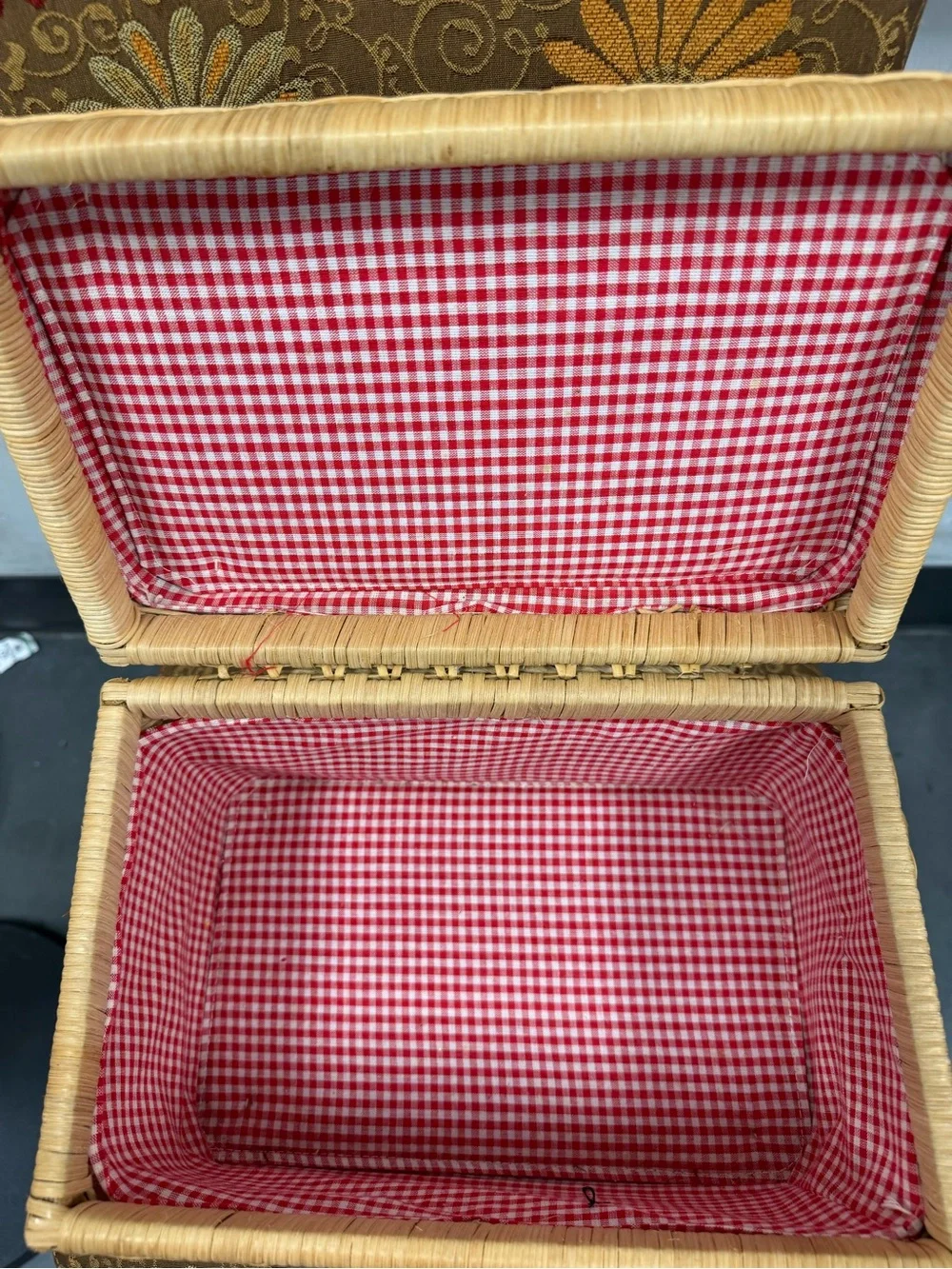 Vintage Woven Rattan Picnic Basket Red Gingham Split Lid Cottagecore BoHo